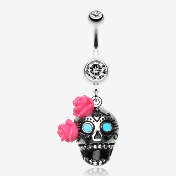 Bright Sugar Skull Rose Belly Ring-Clear Gem